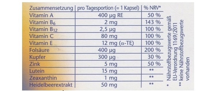 Thành phần Doppelherz Augen Extra Tag + Nacht